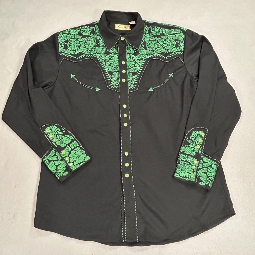 Scully Mens Western Gunfighter Shirt Black Green Embroidered Pearl Snap P-634 L